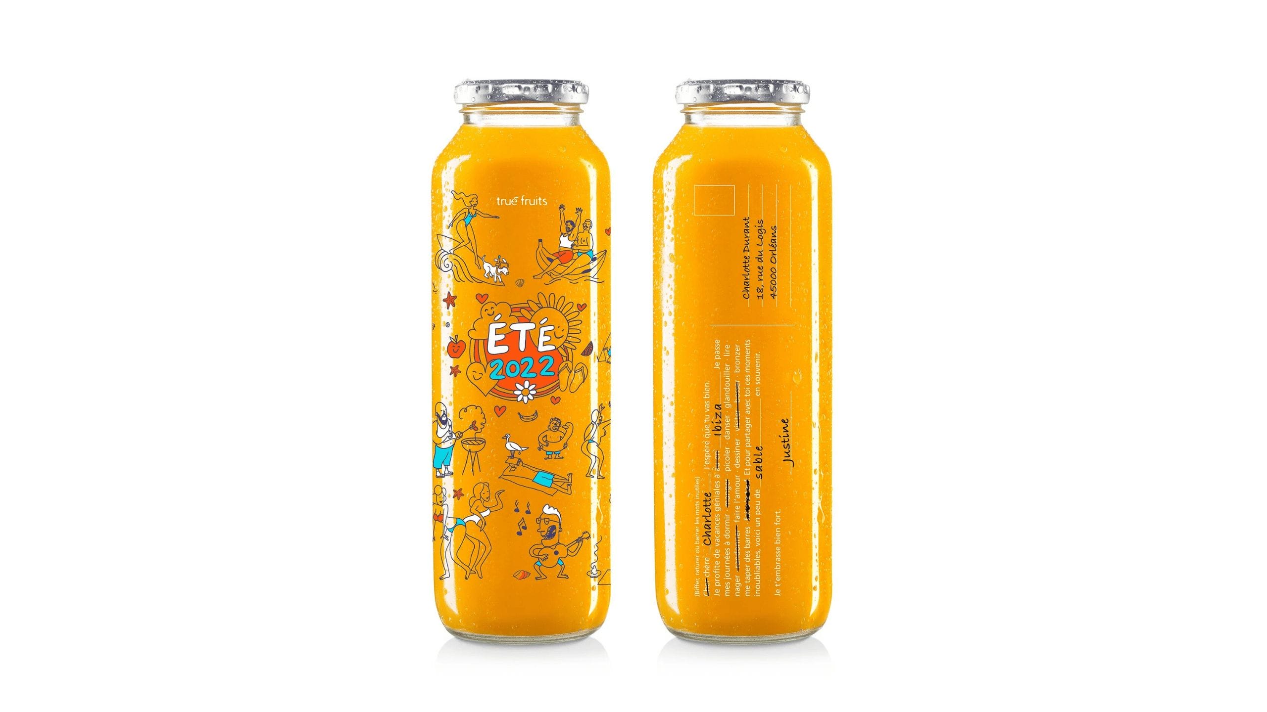 bouteilles de smoothie True Fruits édition carte postale