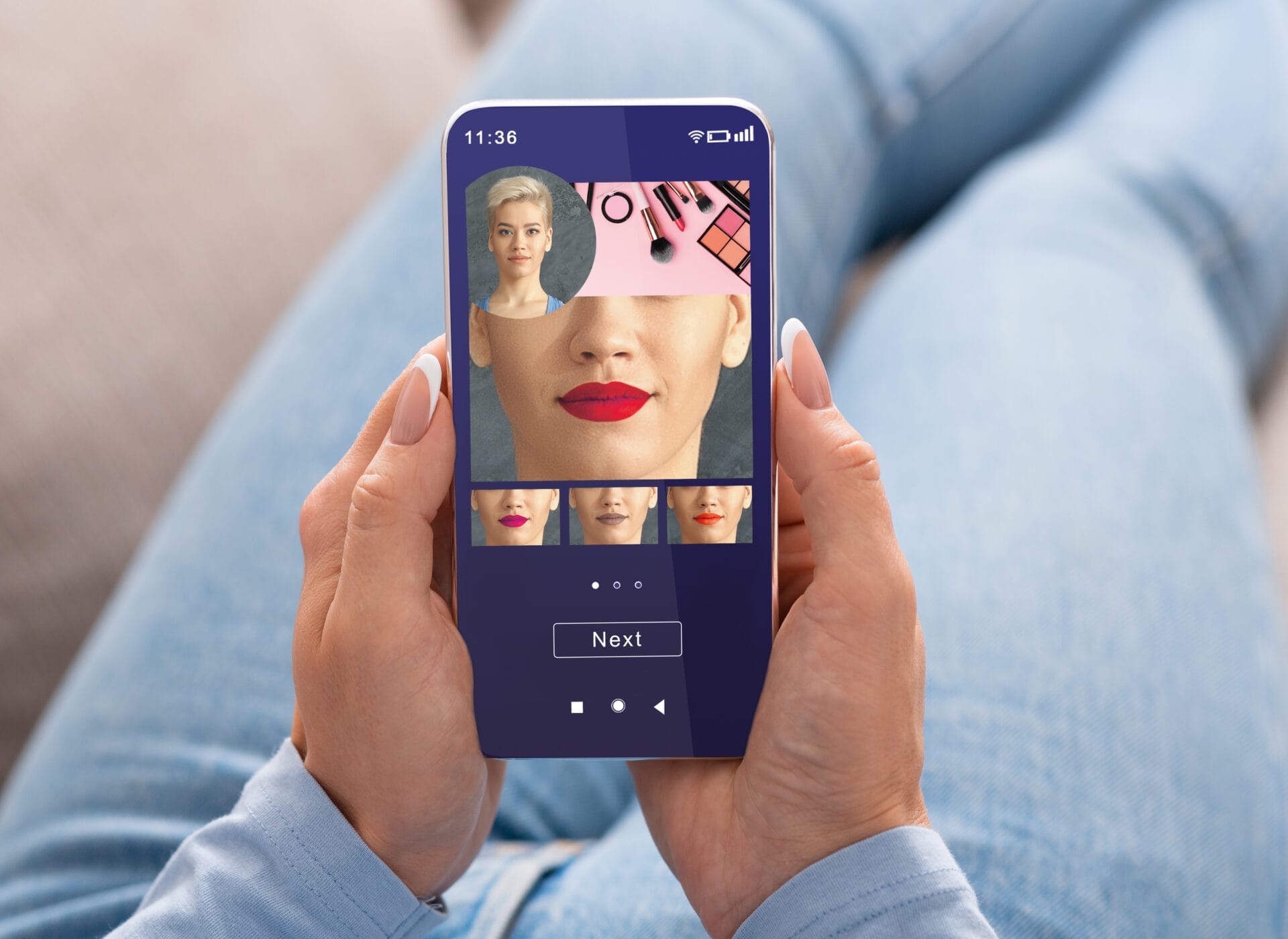 Extended Augmented Reality AI Beauty App. Woman Trying Different Lipstick Color Makeup On Smartphone
